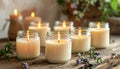 A collection of ritual candles glowing warmly in glass jars, placed on a rustic wooden surface Royalty Free Stock Photo