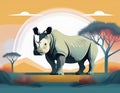 Abstract rhino standing in African savanna with acacia tree digital art Royalty Free Stock Photo