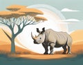 Abstract rhino standing in African savanna with acacia tree digital art Royalty Free Stock Photo