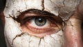 Extreme close up of human eye peeking through cracked dry white facial makeup Royalty Free Stock Photo