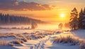 Warm cold winter sunset. Last rays of setting sun coloring the fog golden in this winter Royalty Free Stock Photo