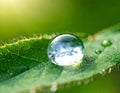 Macro drop of water. Macro photography. Green leaf with a big water drop. Royalty Free Stock Photo