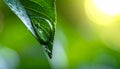 Macro drop of water. Macro photography. Green leaf with a big water drop. Royalty Free Stock Photo