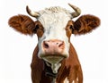 Cute smiling cow seen from the front head white background Royalty Free Stock Photo