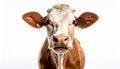 Cute smiling cow seen from the front head white background Royalty Free Stock Photo