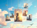 Easter Island moai statue travel memories collage under colorful sky background Royalty Free Stock Photo