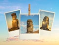 Easter Island moai statue travel memories collage under colorful sky background Royalty Free Stock Photo
