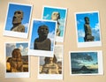 Easter Island moai statue travel memories collage under colorful sky background Royalty Free Stock Photo