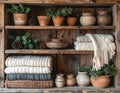 Cozy Rustic Wooden Shelves with Knitted Blankets and Evergreen Decor Royalty Free Stock Photo