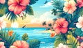 Vibrant Tropical Paradise with Hibiscus Flowers and Ocean View Royalty Free Stock Photo