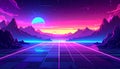 Retro-Futuristic Neon Grid Landscape with Mountains and Moon Royalty Free Stock Photo
