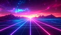 Retro Futuristic Landscape with Neon Grid and Mountains Royalty Free Stock Photo