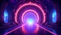 Futuristic Neon Tunnel with Glowing Arches and Sci-Fi Landscape Royalty Free Stock Photo