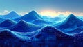 Abstract Digital Landscape of Blue Waves and Mountains at Sunrise Royalty Free Stock Photo