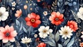 Vibrant Watercolor Floral Pattern on Dark Blue Background Royalty Free Stock Photo