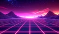 Retro Futuristic Neon Grid Landscape at Sunset Royalty Free Stock Photo