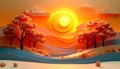 Vibrant Paper Cut Landscape at Sunset with Autumn Trees Royalty Free Stock Photo