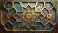 Intricate Golden Islamic Geometric Pattern on Textured Teal Background Royalty Free Stock Photo
