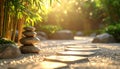 Zen Garden Path with Stacked Stones and Bamboo Royalty Free Stock Photo
