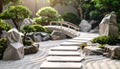 Serene Japanese Zen Garden with Stepping Stones and Bonsai Trees Royalty Free Stock Photo
