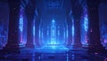 Futuristic Neon Temple Hallway with Glowing Pillars Royalty Free Stock Photo
