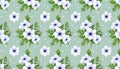 Seamless Pattern of White Anemone Flowers with Green Leaves on a Light Green Polka Dot Background Royalty Free Stock Photo