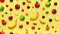 Vibrant Fruit Pattern: Apples, Cherries, Bananas, and Citrus on Yellow Background Royalty Free Stock Photo