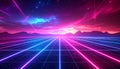 Retrofuturistic Neon Grid Landscape with Cosmic Sky Royalty Free Stock Photo