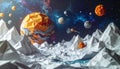 Abstract Origami Space Landscape with Geometric Planets Royalty Free Stock Photo