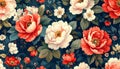 Vintage Floral Pattern with Peonies and Roses on Dark Blue Background Royalty Free Stock Photo