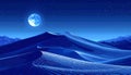 Mystical Blue Desert Dunes Under a Full Moon and Starry Night Sky Royalty Free Stock Photo