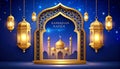 Elegant Islamic Architecture with Golden Lanterns and a Crescent Moon for Ramadan Celebration Royalty Free Stock Photo