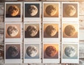 Collection of moon phase photos on rustic wooden table under warm light Royalty Free Stock Photo