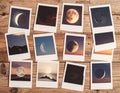 Collection of moon phase photos on rustic wooden table under warm light Royalty Free Stock Photo