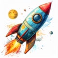 Retro Rocket Launching into Space with Planets and Stars Royalty Free Stock Photo