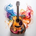 Rustic Acoustic Guitar with Vibrant Abstract Smoke Royalty Free Stock Photo