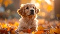 Golden Retriever Puppy in Autumn Leaves Royalty Free Stock Photo