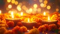 Diwali Celebration with Oil Lamps and Marigolds Royalty Free Stock Photo