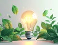 Eco-Friendly Idea: Glowing Light Bulb Surrounded by Lush Green Leaves Royalty Free Stock Photo