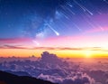 Beautiful glowing meteor streaks across night sky above mountain sunrise view Royalty Free Stock Photo