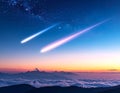 Beautiful glowing meteor streaks across night sky above mountain sunrise view Royalty Free Stock Photo