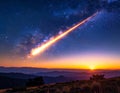 Beautiful glowing meteor streaks across night sky above mountain sunrise view Royalty Free Stock Photo