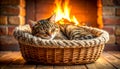 Cozy Cat Napping in Basket by Fireplace Warm Home Feeling Royalty Free Stock Photo
