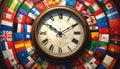 Global Time Concept Vintage Clock with World Flags International Timelines Royalty Free Stock Photo