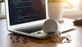 Spilled Coffee on Laptop Coding Desk Mishap IT Project Frustration Concept Royalty Free Stock Photo