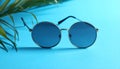 Stylish sunglasses on blue background. Fashionable accessory Royalty Free Stock Photo