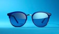 Stylish sunglasses on blue background. Fashionable accessory Royalty Free Stock Photo