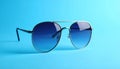 Stylish sunglasses on blue background. Fashionable accessory Royalty Free Stock Photo