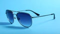 Stylish sunglasses on blue background. Fashionable accessory Royalty Free Stock Photo