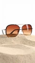Stylish sunglasses on sand against white background. Space for text Royalty Free Stock Photo